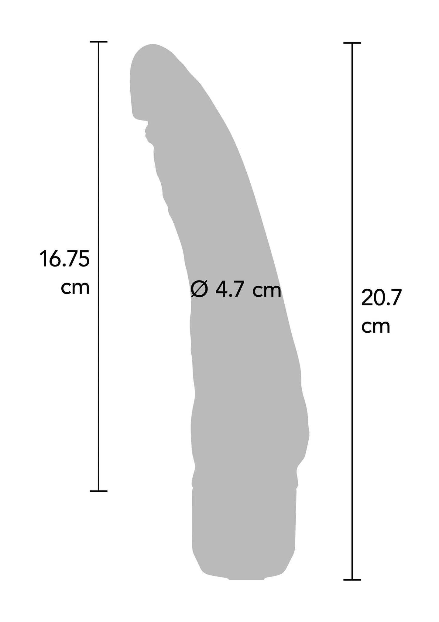 Afmetingtekening voor slanke vibrator: 16,75 cm lengte en Ø 4,7 cm