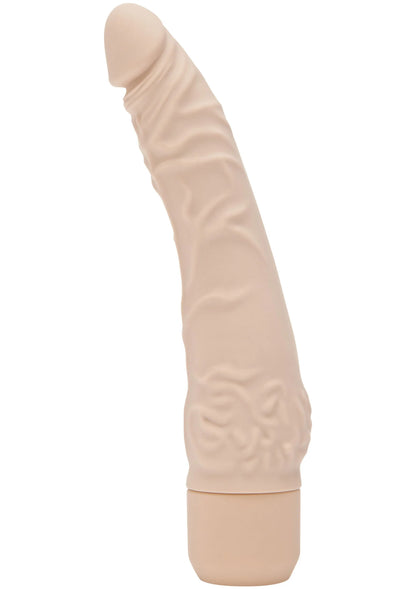 Beige slanke vibrator met reliëf op de schacht en ronde top