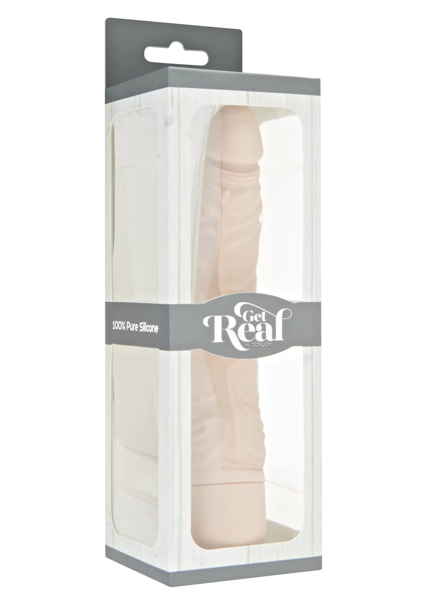 Vibrator in lichtbeige in verpakking, Get Real-stijl, met transparant venster