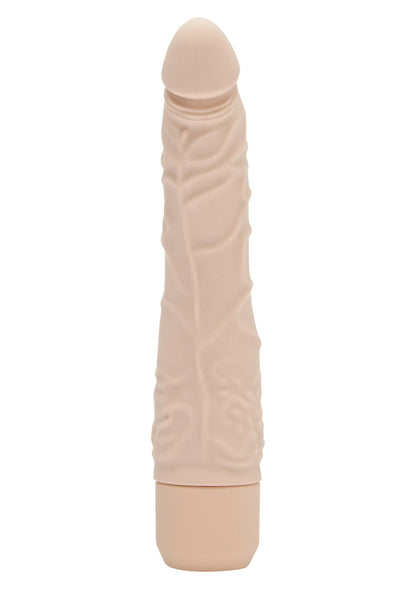 Lichtbeige vibrator met ronde top, opstaande details en brede onderkant