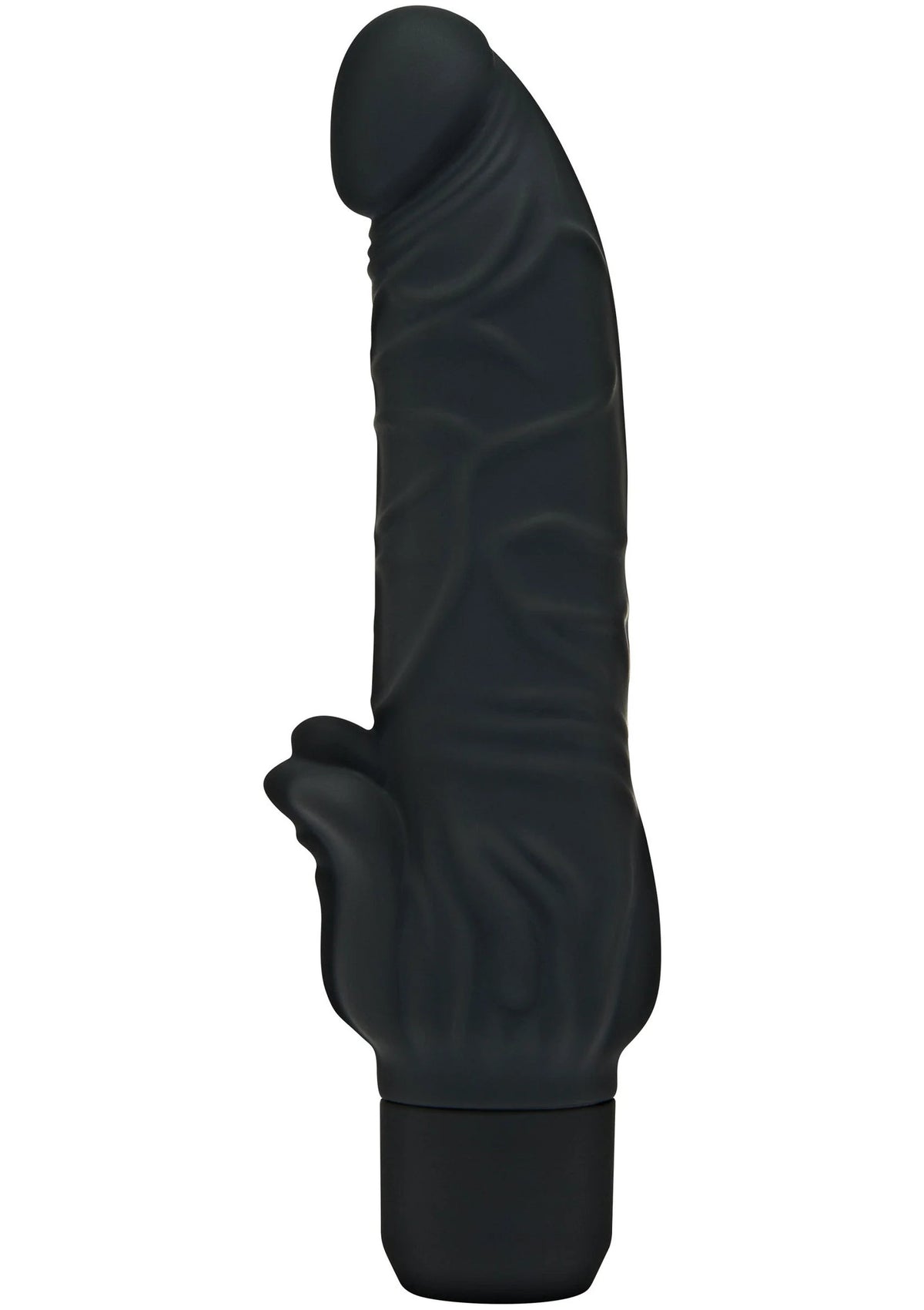 Zwarte vibrator met afgeronde kop en geprofileerde knopjes op de schacht.