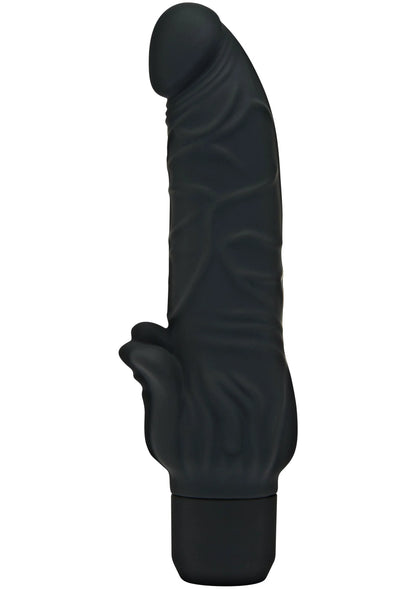 Zwarte vibrator met afgeronde kop en geprofileerde knopjes op de schacht.