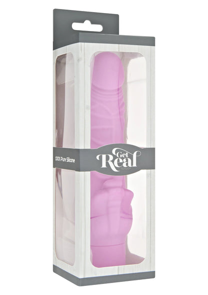 Roze vibrator met afgeronde kop en geprofileerde schacht, in blisterverpakking.