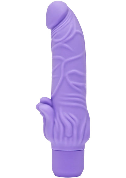 Lila vibrator met bolle kop en duidelijke reliëfstructuur op de schacht.