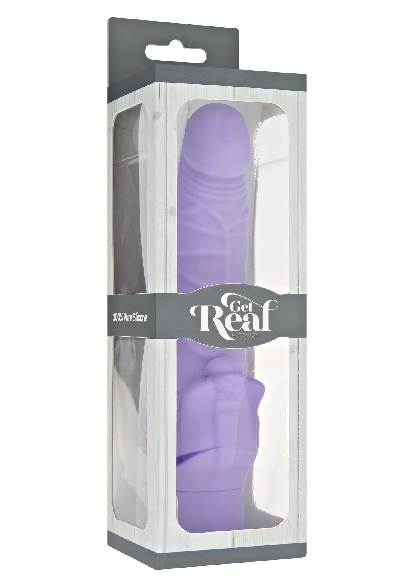 Paarse vibrator in blisterverpakking met afgeronde kop en geprofileerde schacht.