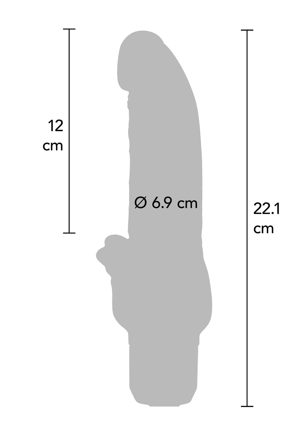 Vibrator met afmetingen op silhouet: Ø 6,9 cm en hoogte 22,1 cm.