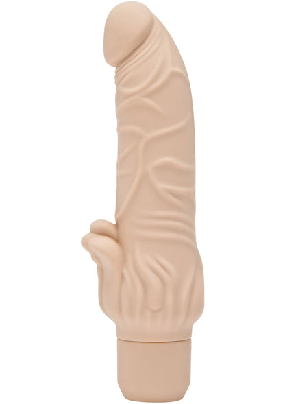 Beige vibrator met afgeronde kop en geribbelde textuur langs de schacht.