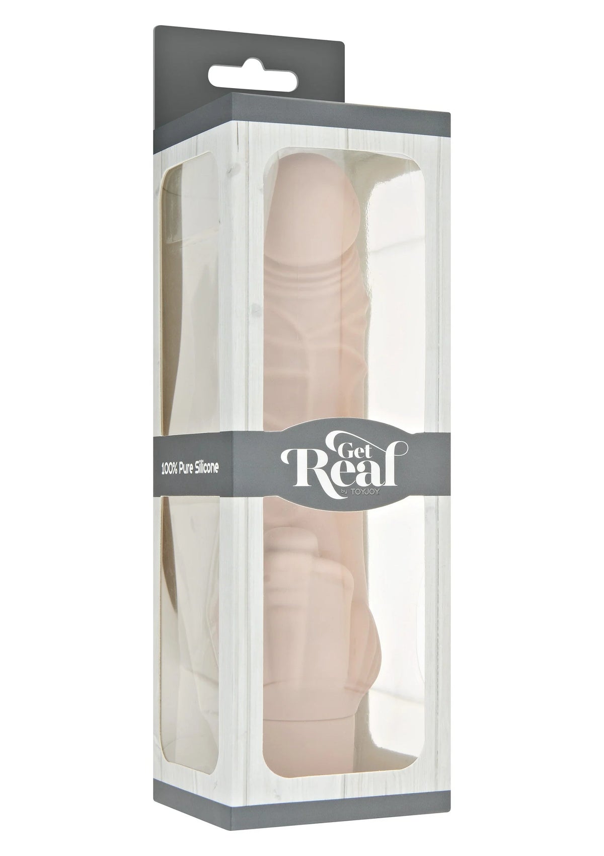 Verpakking van Get Real stimulator in roze/skin-tint, transparant venster en productfoto