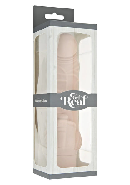 Verpakking van Get Real stimulator in roze/skin-tint, transparant venster en productfoto
