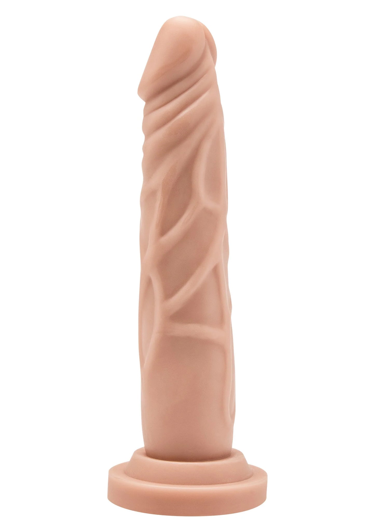 Beige PVC dildo met geribde schacht en brede voet