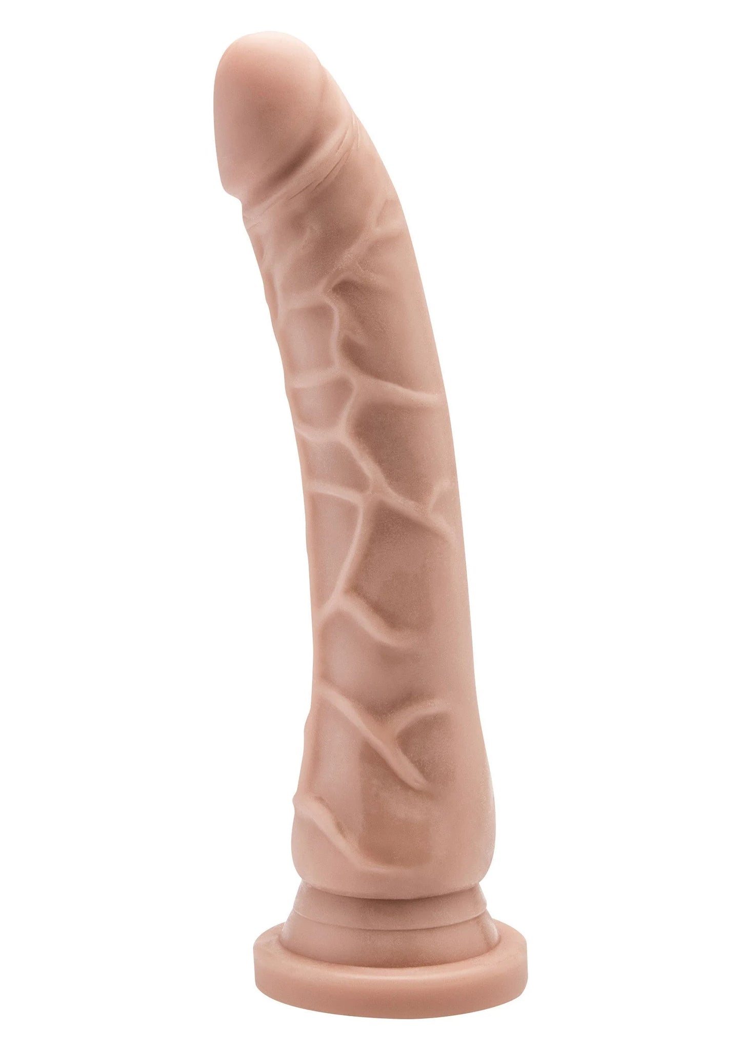 Naaktkleurige PVC dildo met reliëfstructuur en brede onderkant