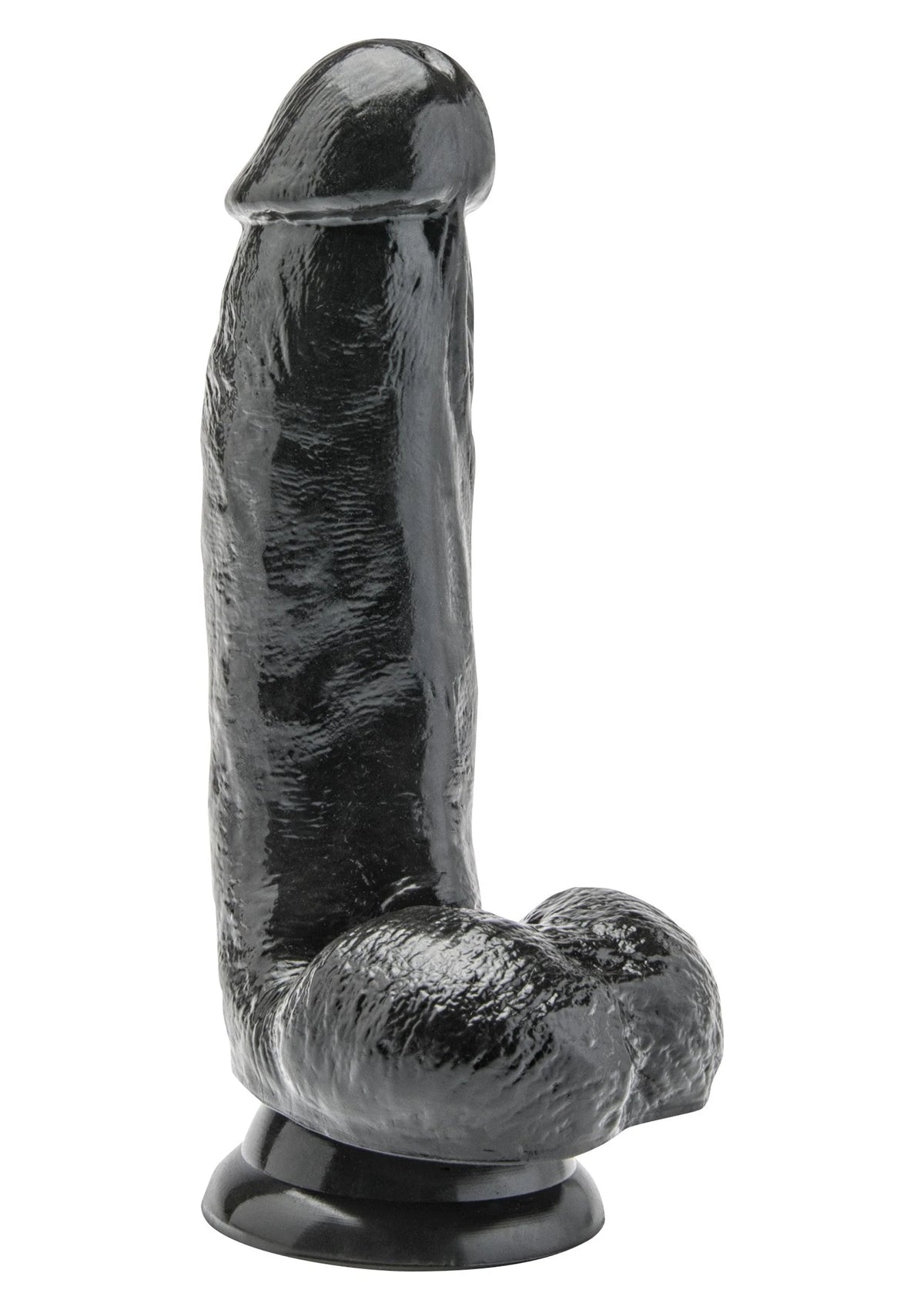 Zwarte PVC-dildo met glanzende textuur en afgeronde ronde voet