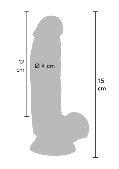 PVC-dildo afmetingen: 15 cm lengte, 12 cm hoogte, Ø 4 cm