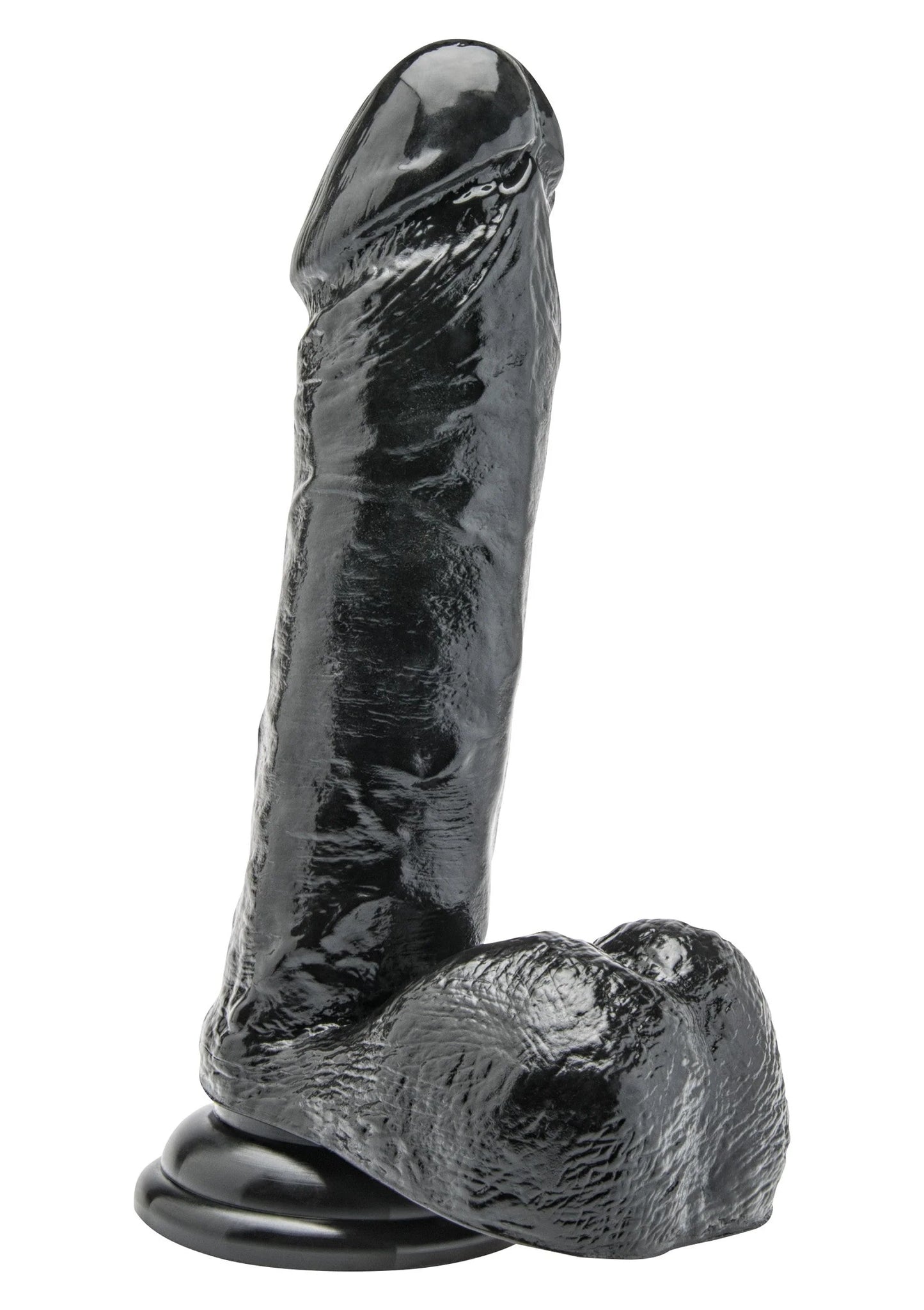 Zwarte PVC-dildo van ToyJoy, glanzend, met brede afgeronde voet, rechtop.
