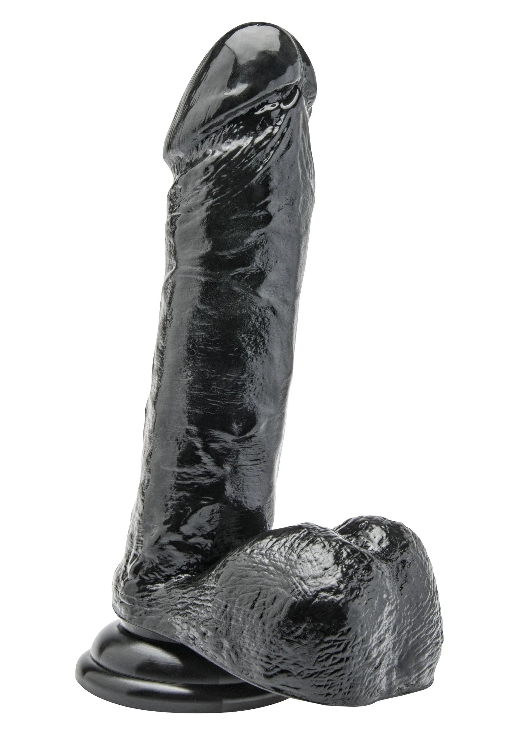 Zwarte PVC-dildo van ToyJoy, glanzend, met brede afgeronde voet, rechtop.