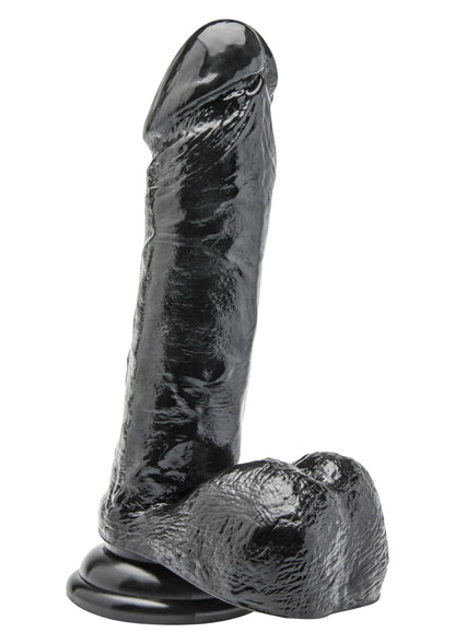 Zwarte PVC-dildo van ToyJoy, glanzend, met brede afgeronde voet, rechtop.