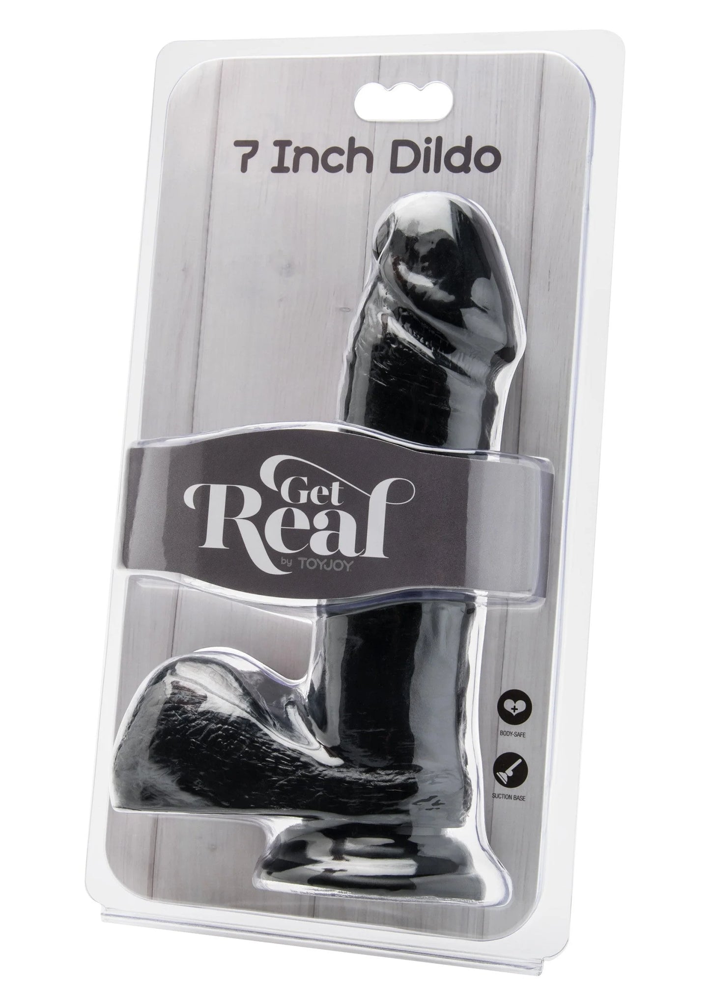 Verpakking met Get Real dildo van ToyJoy, zwarte variant, glanzende vorm.