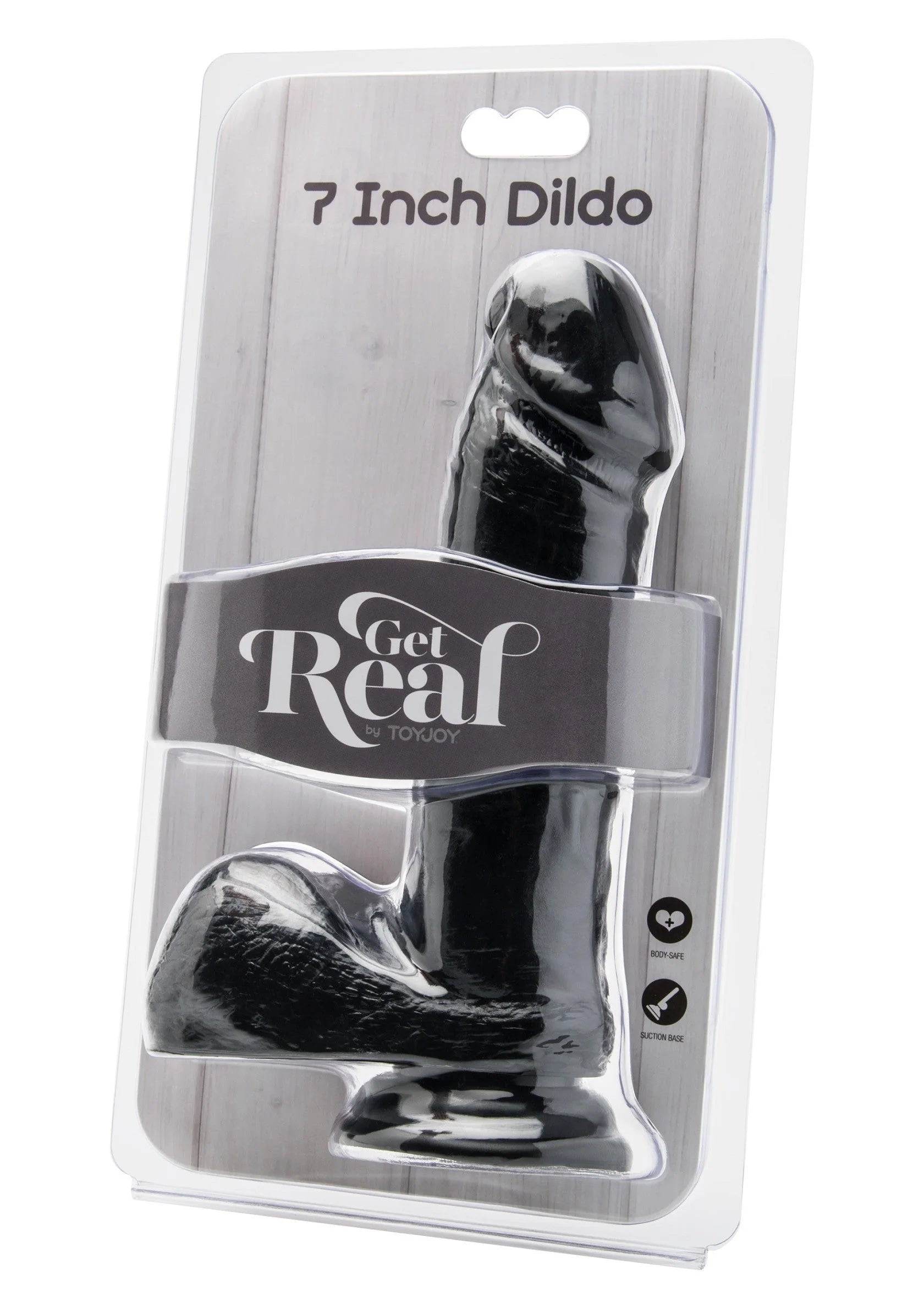 Verpakking met Get Real dildo van ToyJoy, zwarte variant, glanzende vorm.