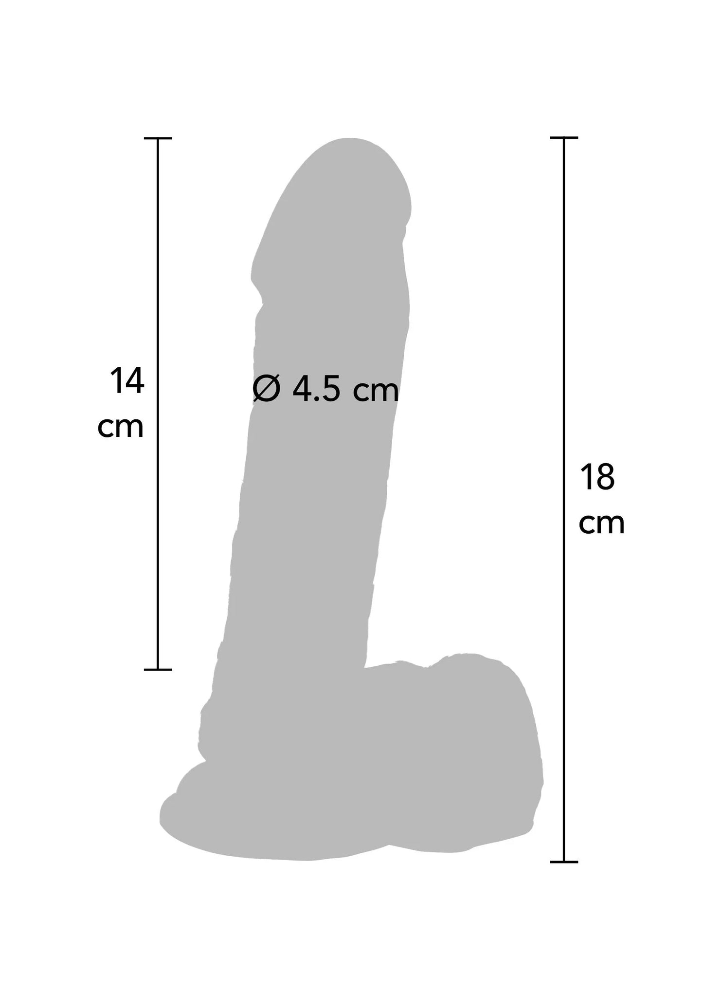 Dildo-afmetingen: 14 cm, 18 cm, Ø 4,5 cm (doorsnede), silhouet op kaart.