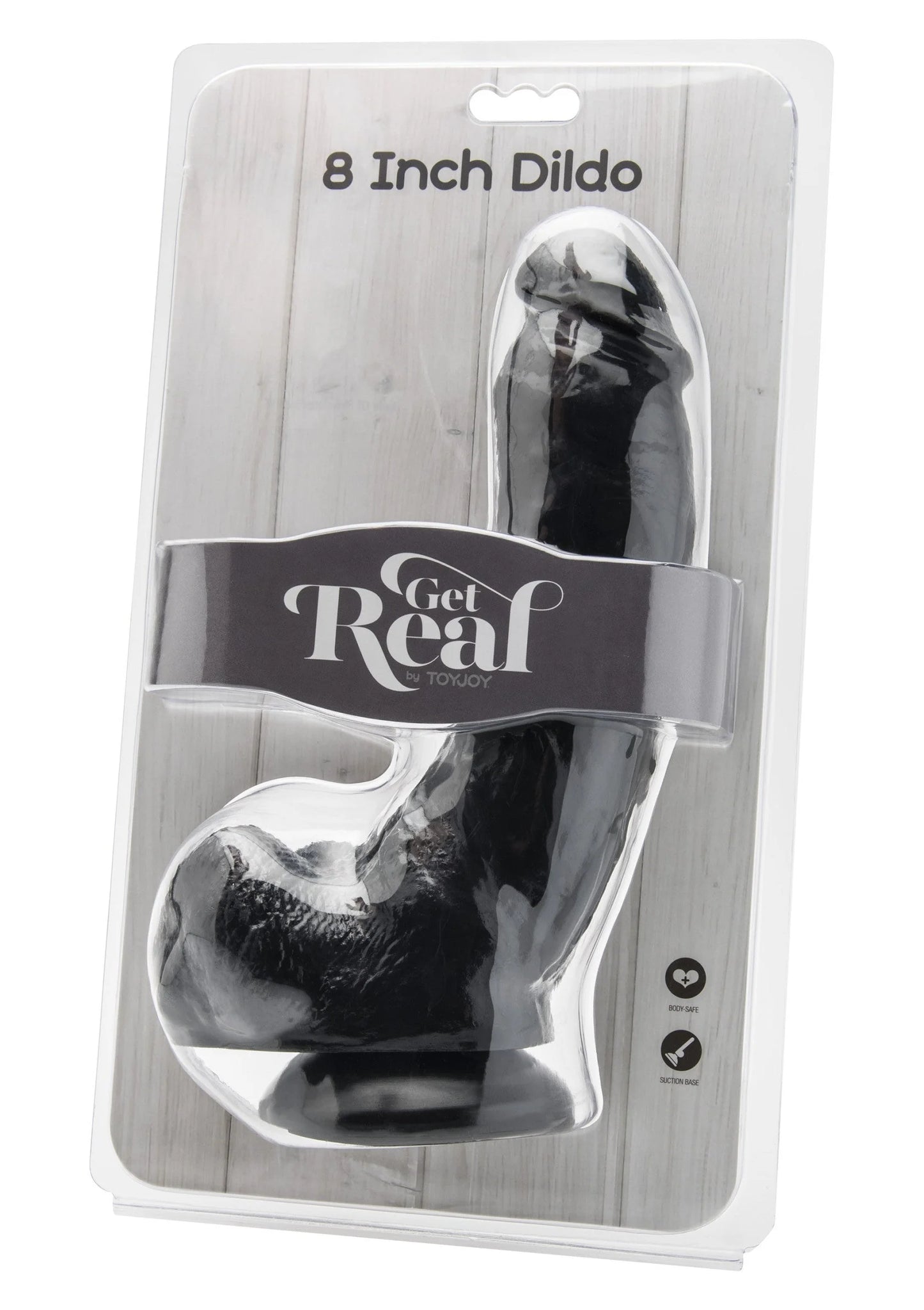 Zwarte dildo in doorzichtige blisterverpakking, '8 Inch Dildo' zichtbaar