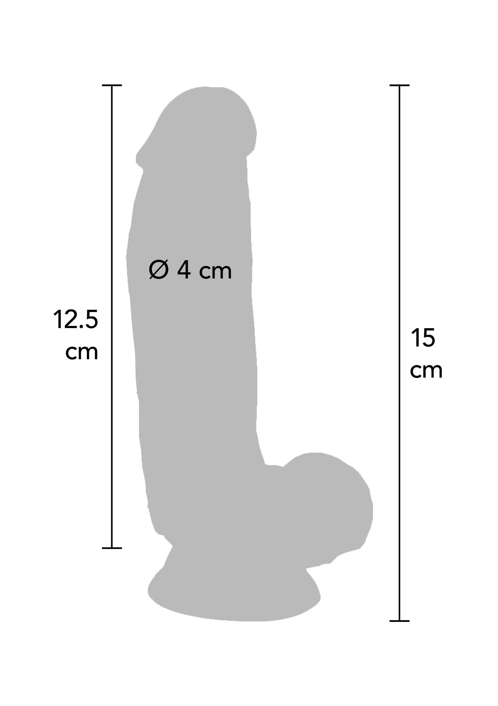 Dildo-silhouet met afmetingen: Ø 4 cm, 12,5 cm en 15 cm hoog