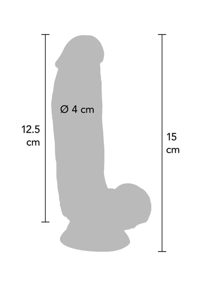 Dildo-silhouet met afmetingen: Ø 4 cm, 12,5 cm en 15 cm hoog