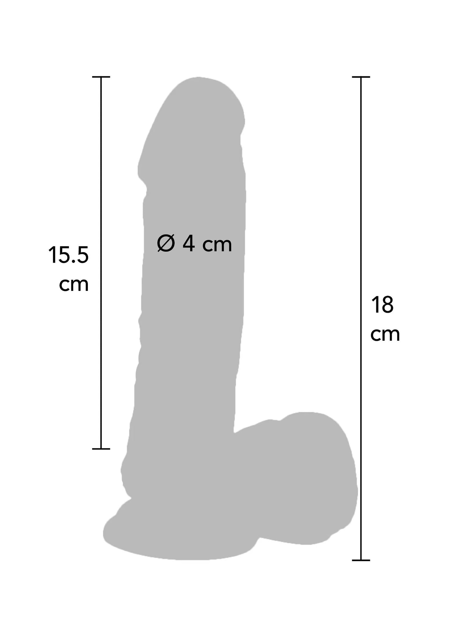 Silhouetschets van dildo met afmetingen Ø4 cm, 15,5 cm en 18 cm