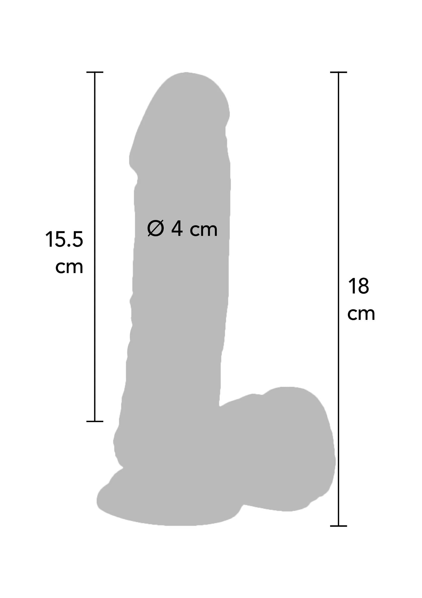 Silhouetschets van dildo met afmetingen Ø4 cm, 15,5 cm en 18 cm