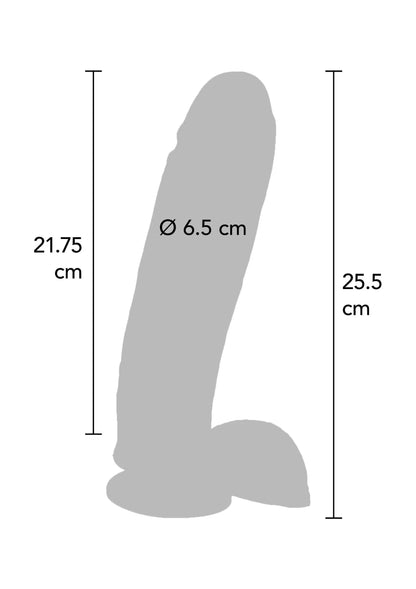 Dildo-silhouet met afmetingen: 21,75 cm hoog, 25,5 cm breed, Ø 6,5 cm