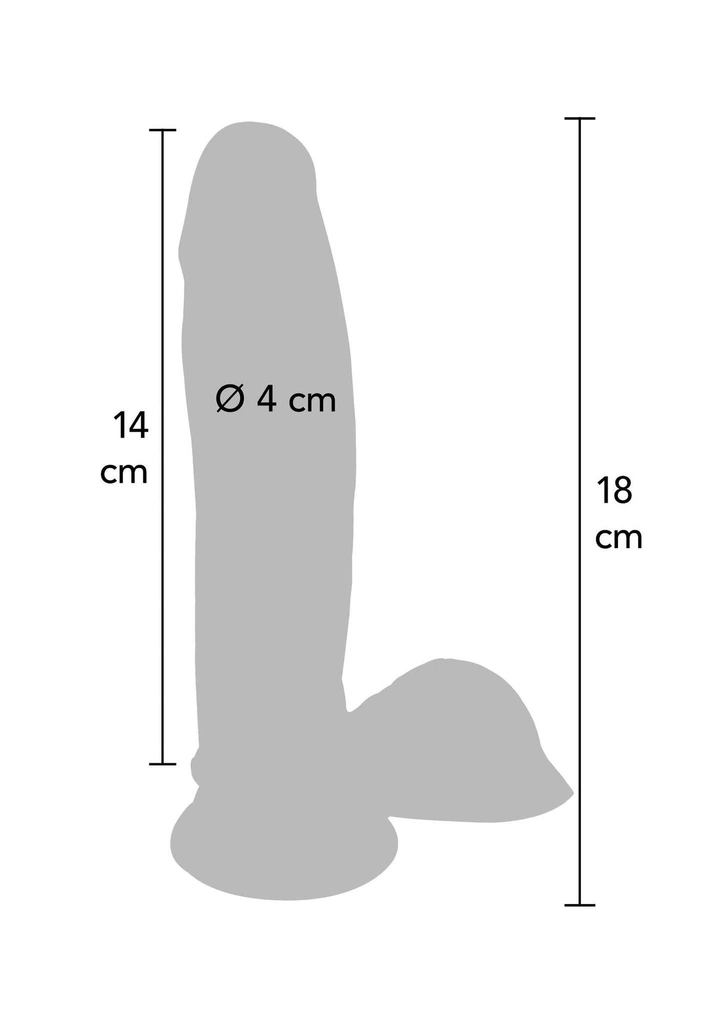Afmetingen: dildo met Ø4 cm, hoogte 14–18 cm