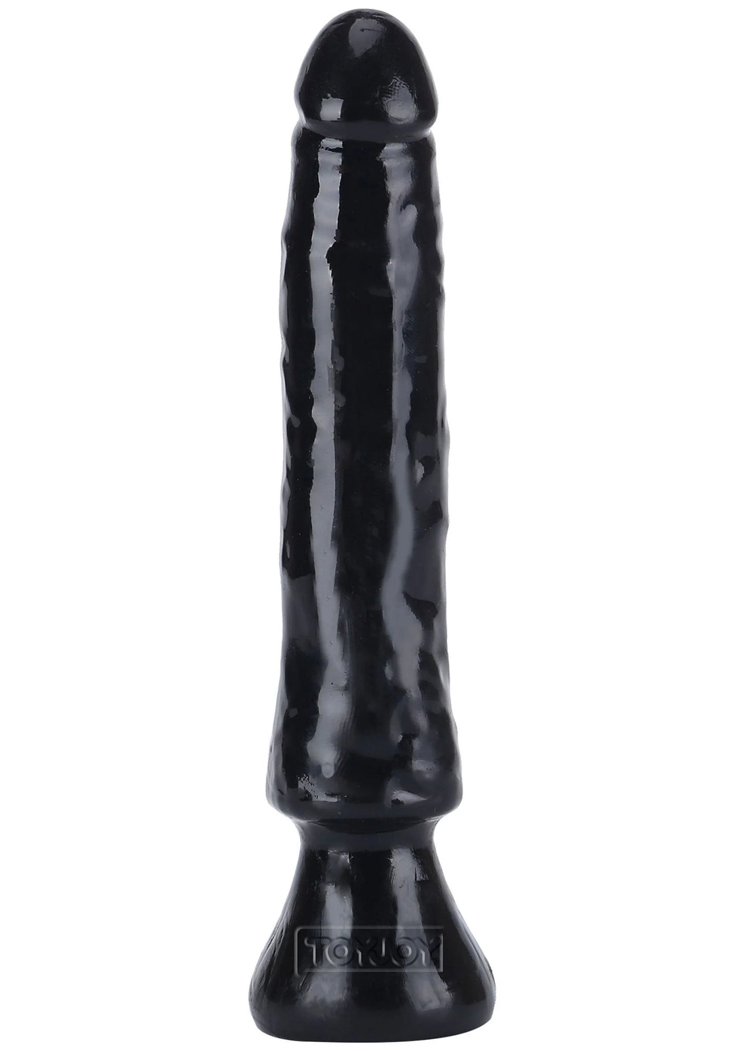 Zwarte PVC-dildo recht van voren, glanzende afwerking en stevige voet
