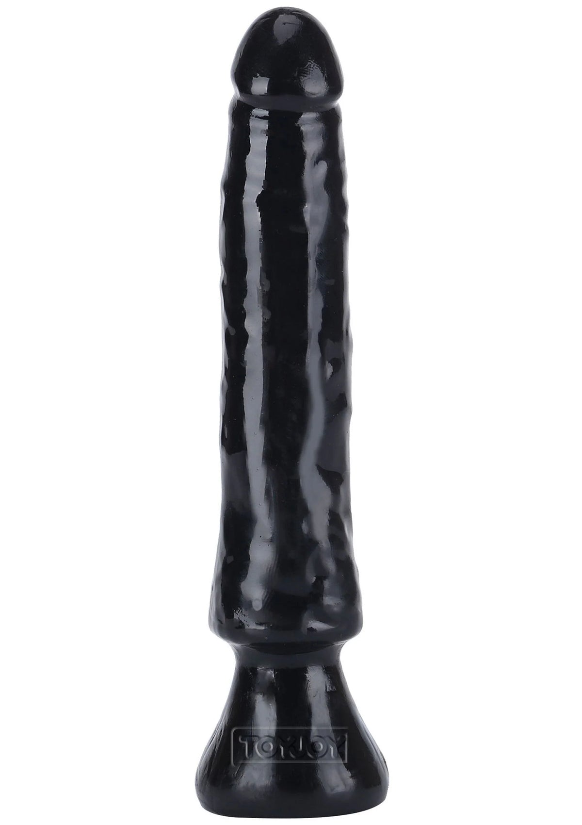 Zwarte PVC-dildo recht van voren, glanzende afwerking en stevige voet
