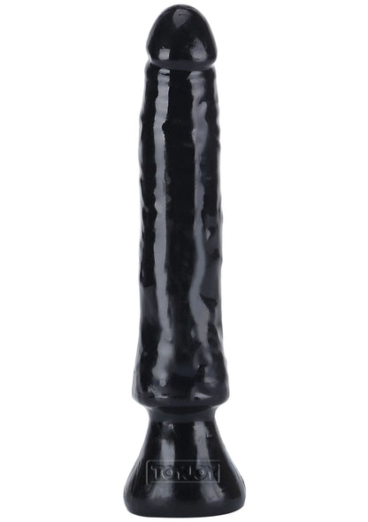 Zwarte PVC-dildo recht van voren, glanzende afwerking en stevige voet