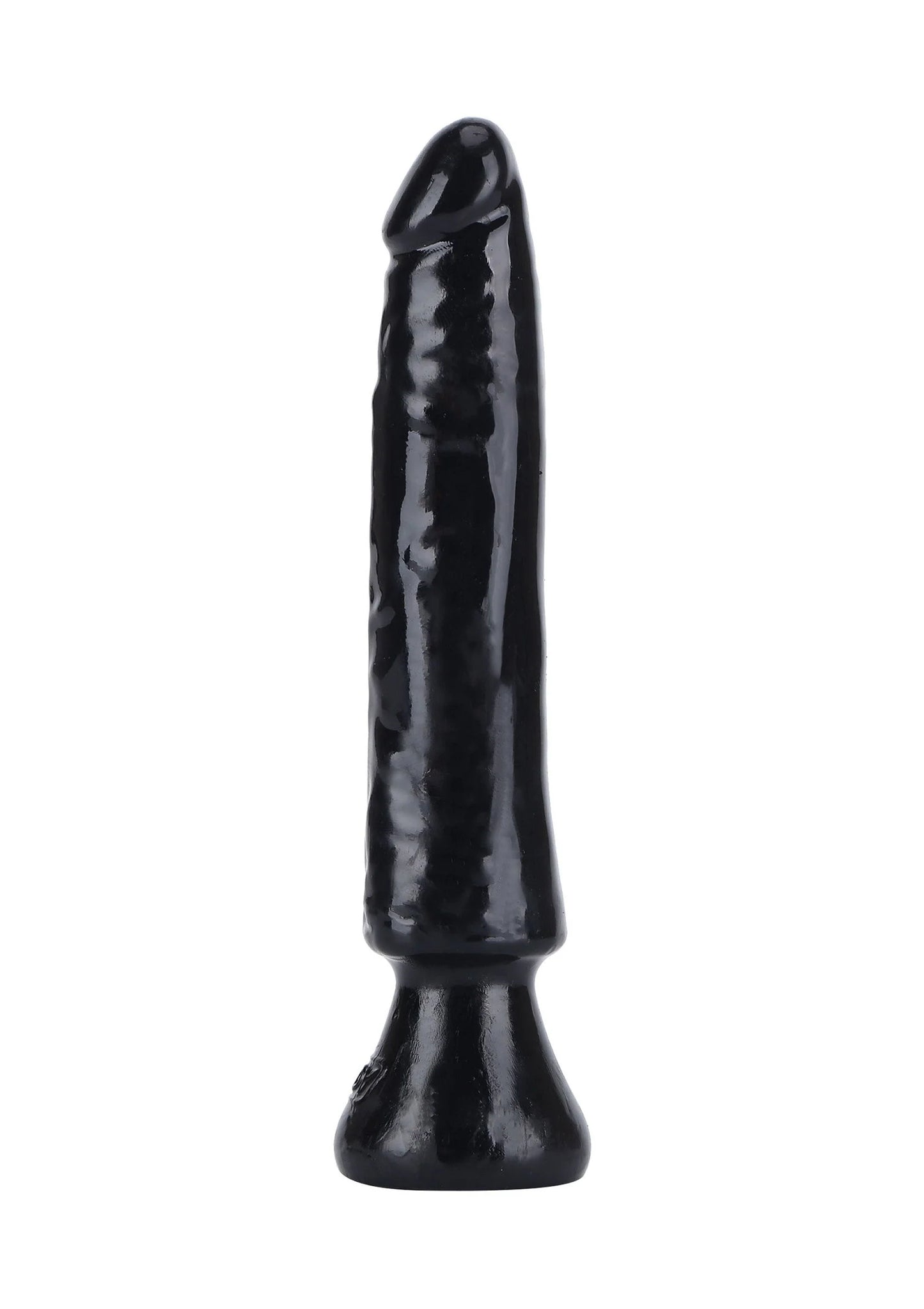Zwarte PVC dildo, recht model met glanzend oppervlak en ronde basis