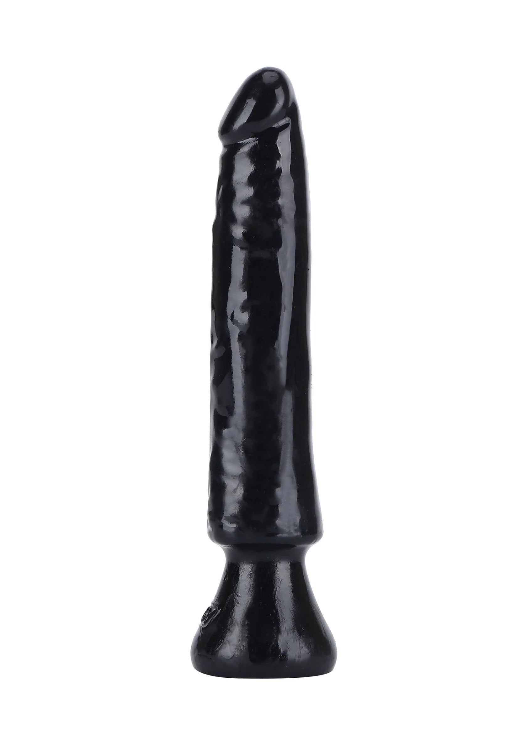 Zwarte PVC dildo, recht model met glanzend oppervlak en ronde basis