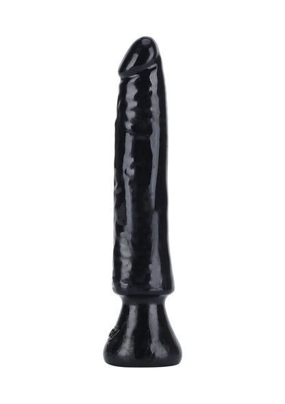 Zwarte PVC dildo, recht model met glanzend oppervlak en ronde basis