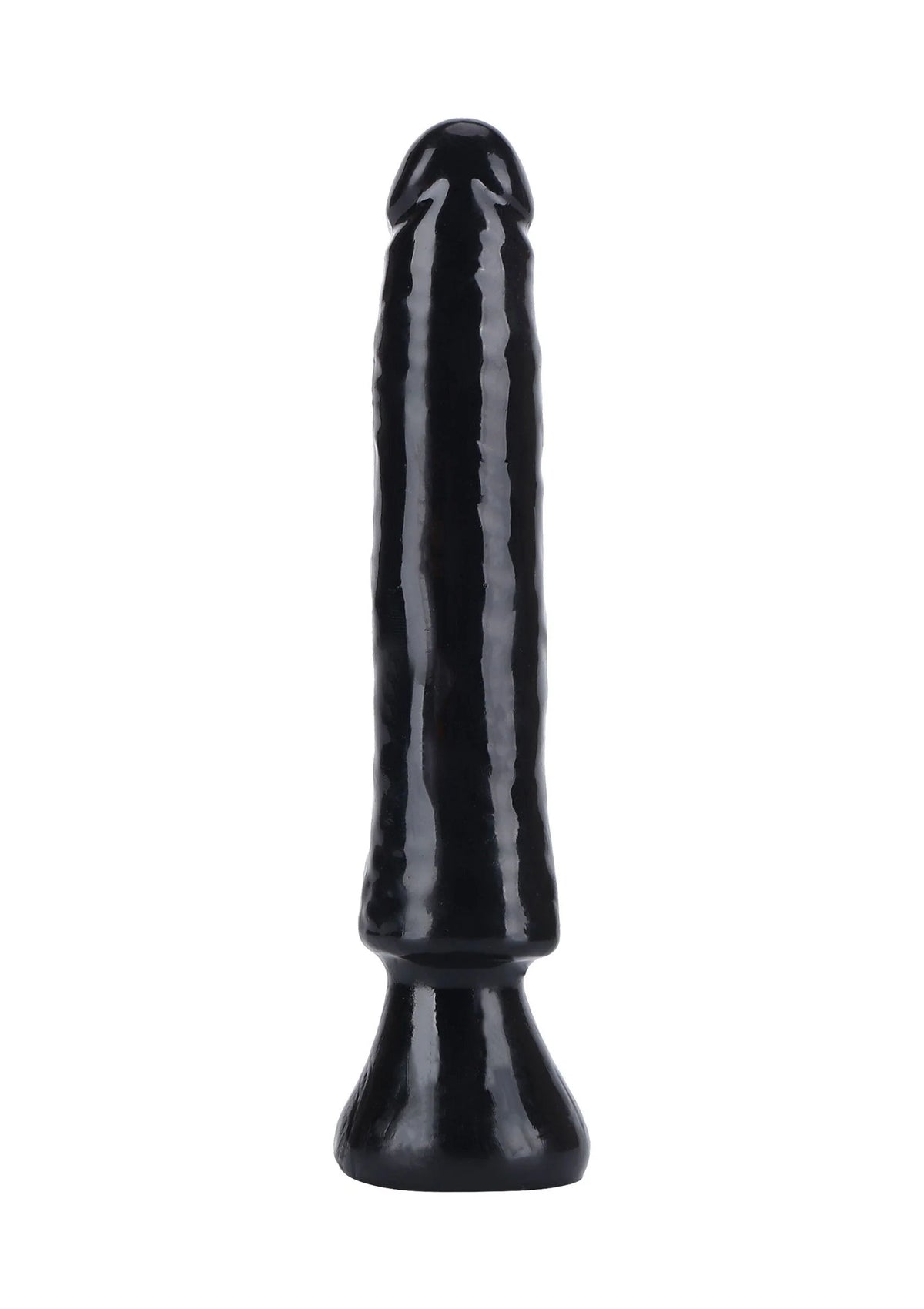 Zwarte PVC dildo, recht van voren met verdikte voet