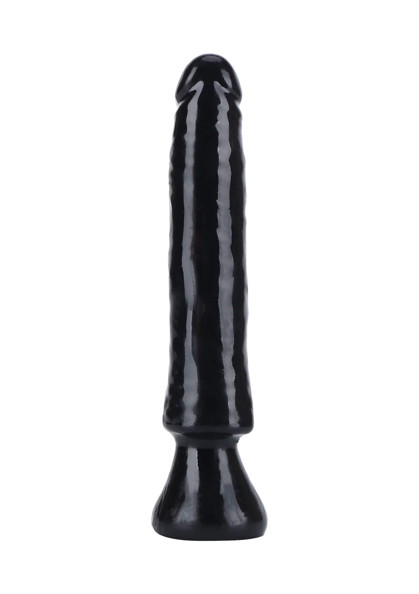 Zwarte PVC dildo, recht van voren met verdikte voet