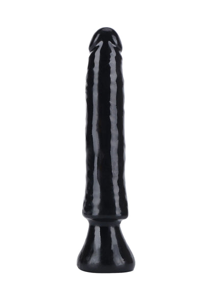 Zwarte PVC dildo, recht van voren met verdikte voet