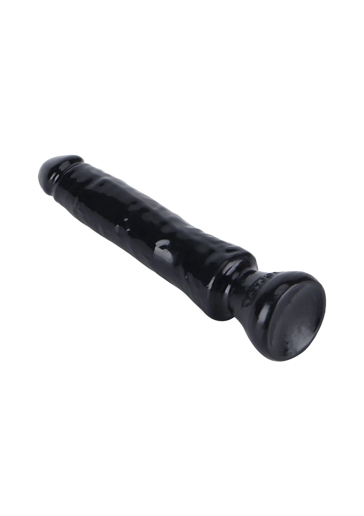 Zwarte PVC dildo, horizontaal weergegeven met ronde kop