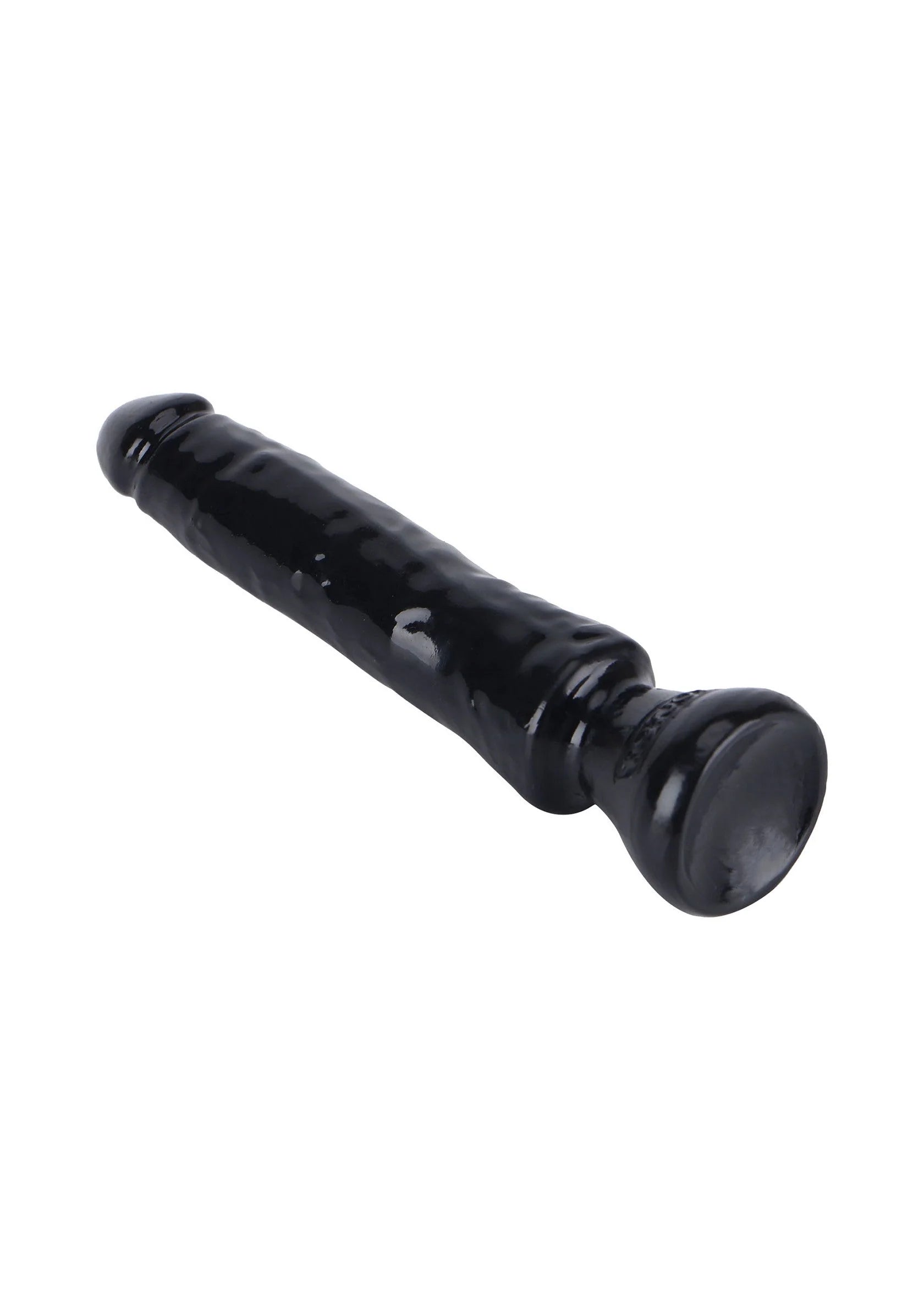 Zwarte PVC dildo, horizontaal weergegeven met ronde kop