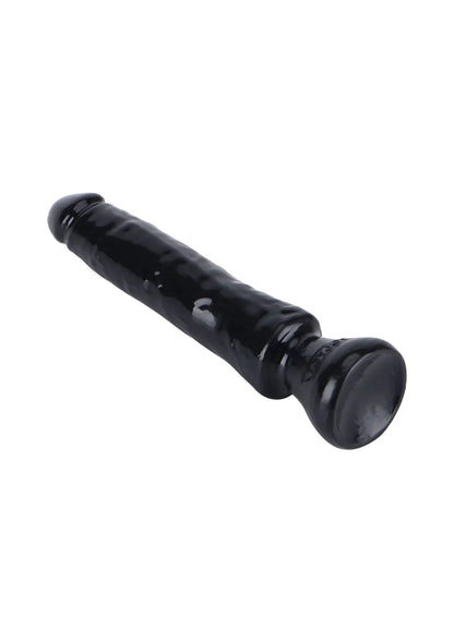 Zwarte PVC dildo, horizontaal weergegeven met ronde kop
