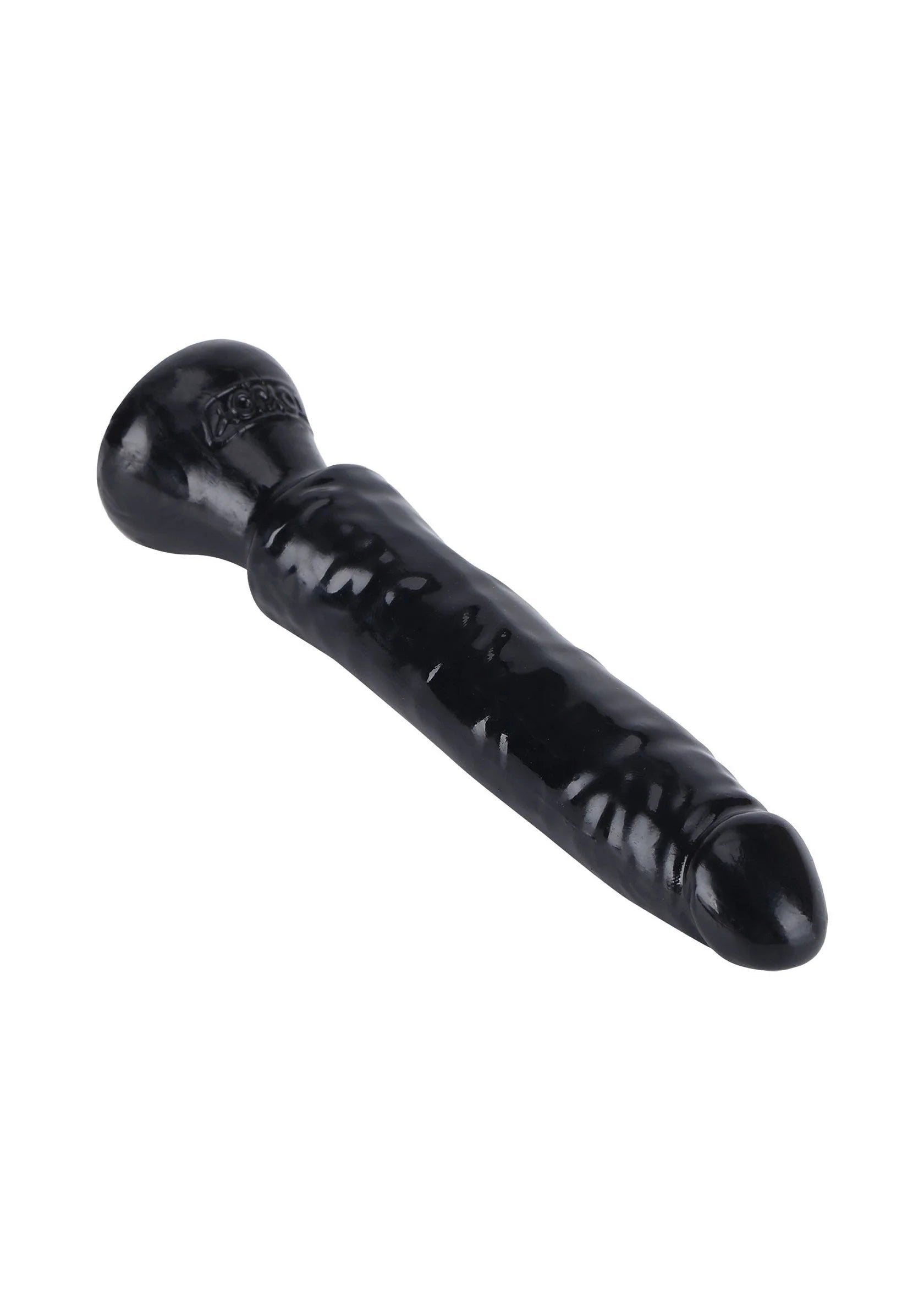 Zwarte PVC dildo, schuine weergave met brede basis en smalle punt