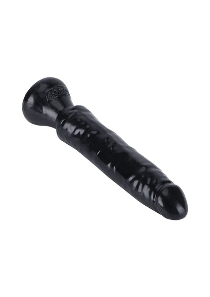 Zwarte PVC dildo, schuine weergave met brede basis en smalle punt