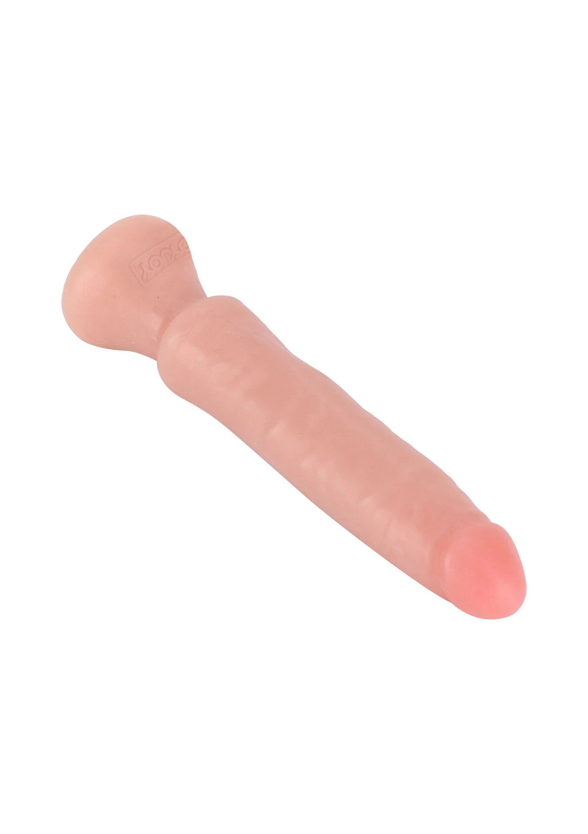 Lichtroze PVC dildo, zijkant weergave met afgeronde kop