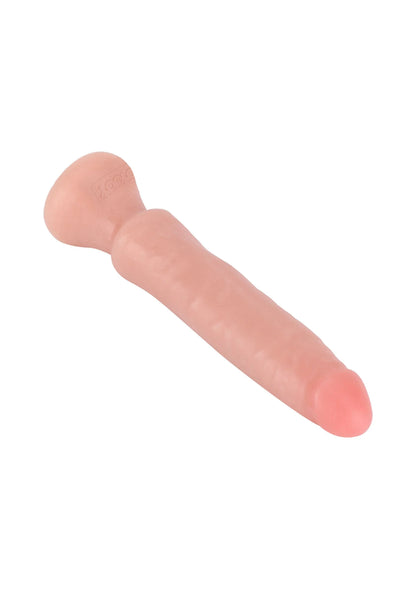 Lichtroze PVC dildo, zijkant weergave met afgeronde kop