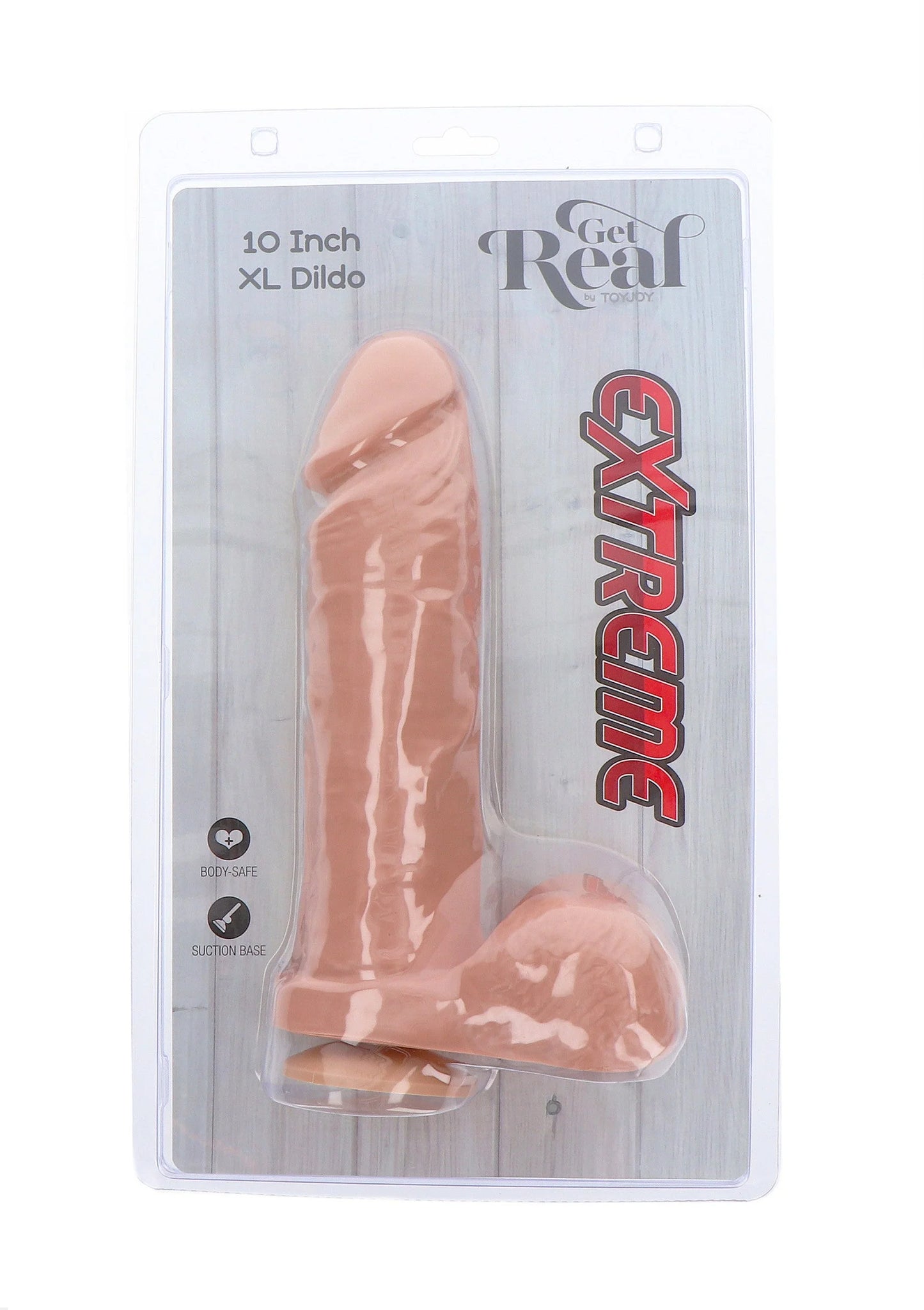 Get Real XL dildo in doorzichtige blisterverpakking, roze-beige met gebogen vorm