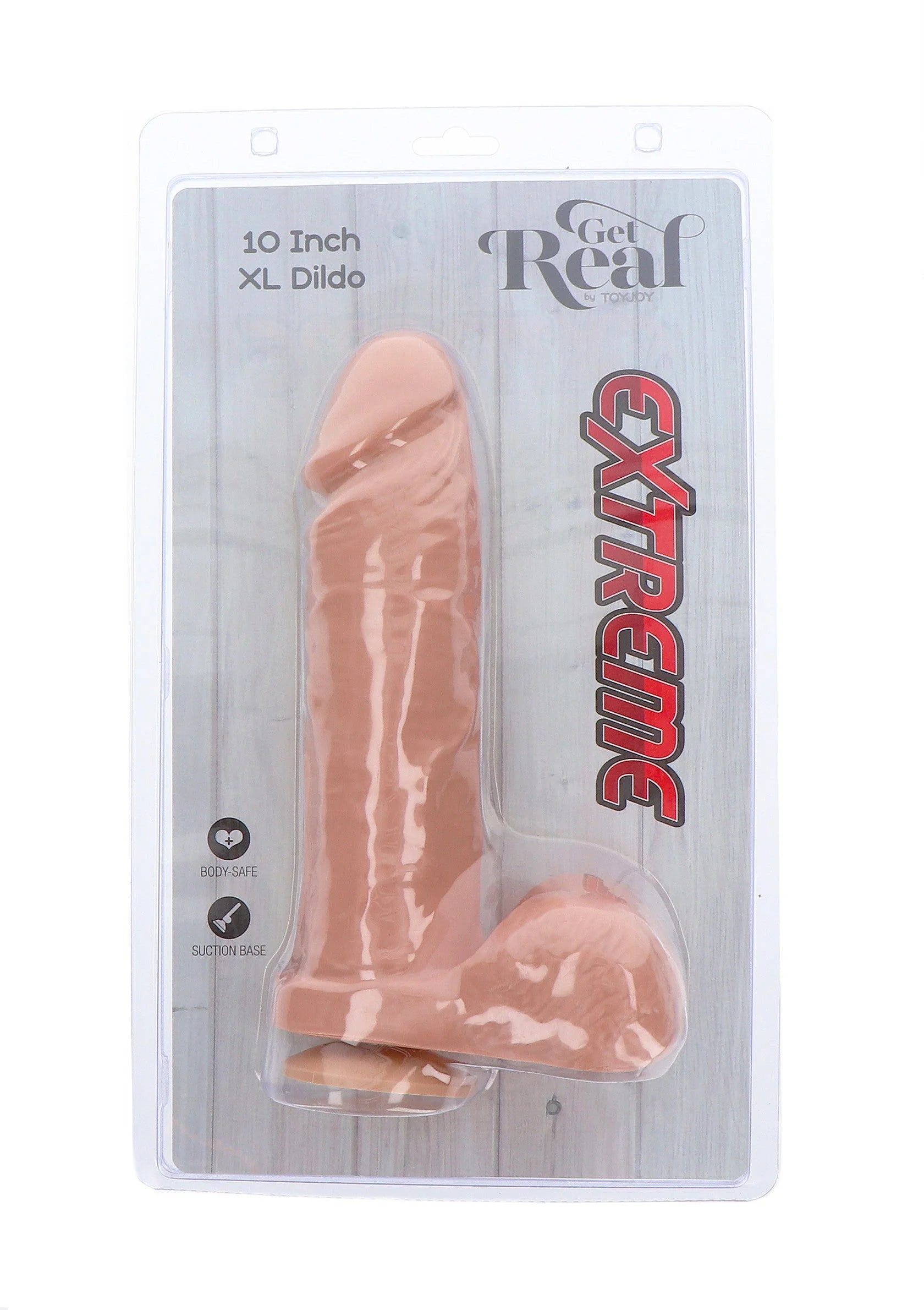 Get Real XL dildo in doorzichtige blisterverpakking, roze-beige met gebogen vorm