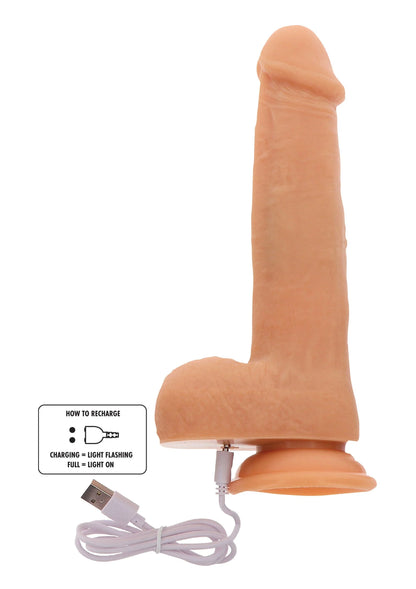 Naaktkleurige siliconen dildo met platte voet en oplaadkabel