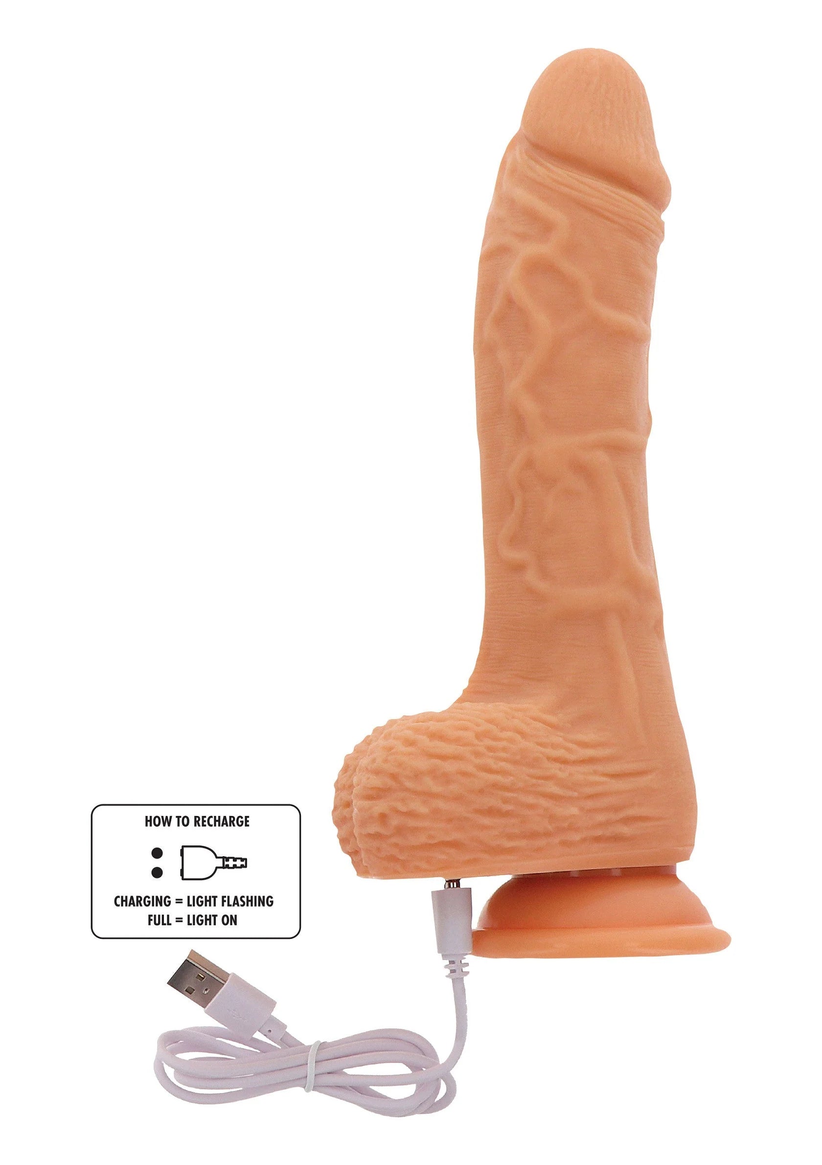 Oranje dildo met reliëf, met laadkabel en oplaadindicator